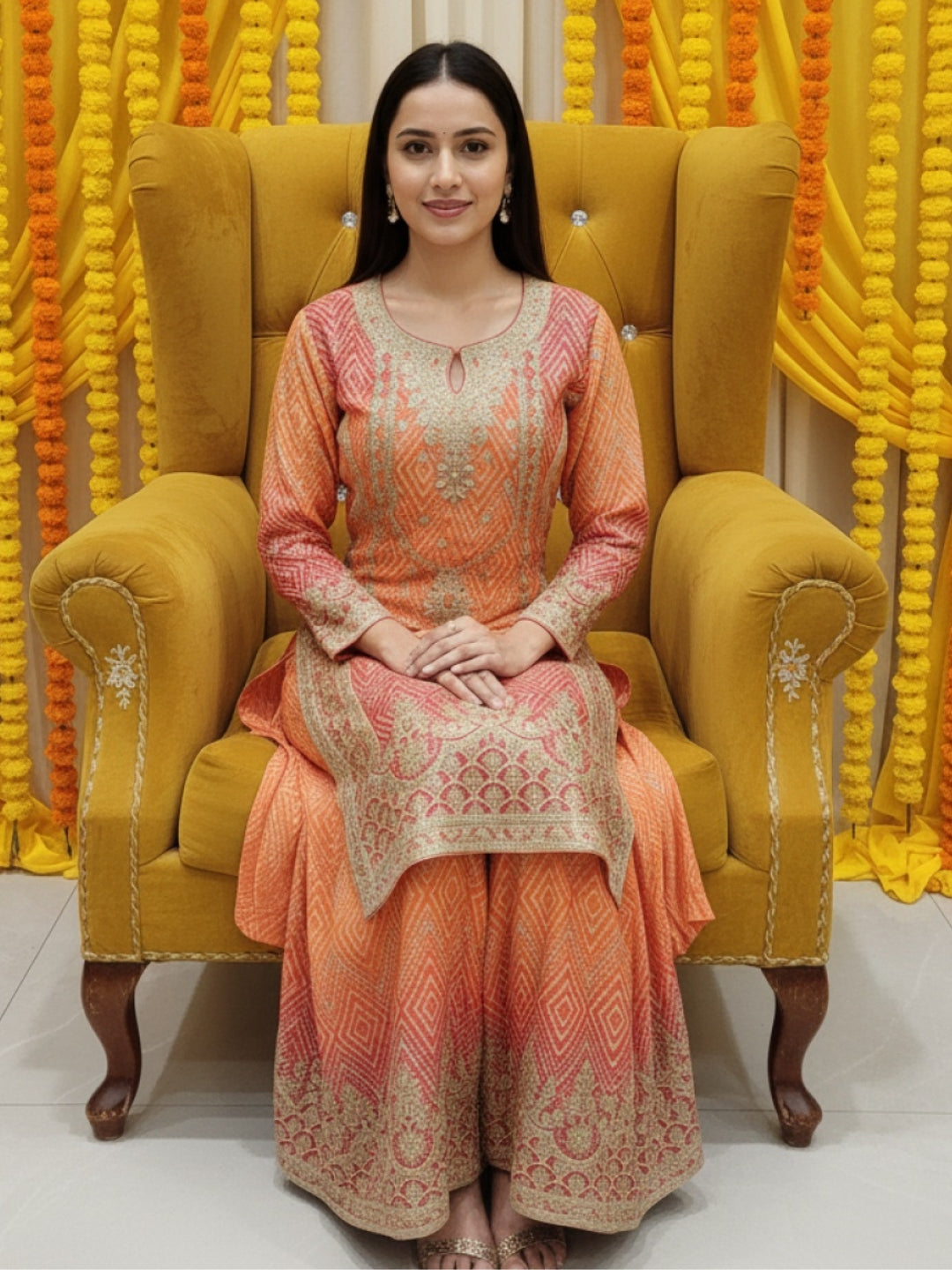 Ombre Bandhani Print Kurta Palazzo Set With Zari, Sequin Embroidery and Diamond Patterns