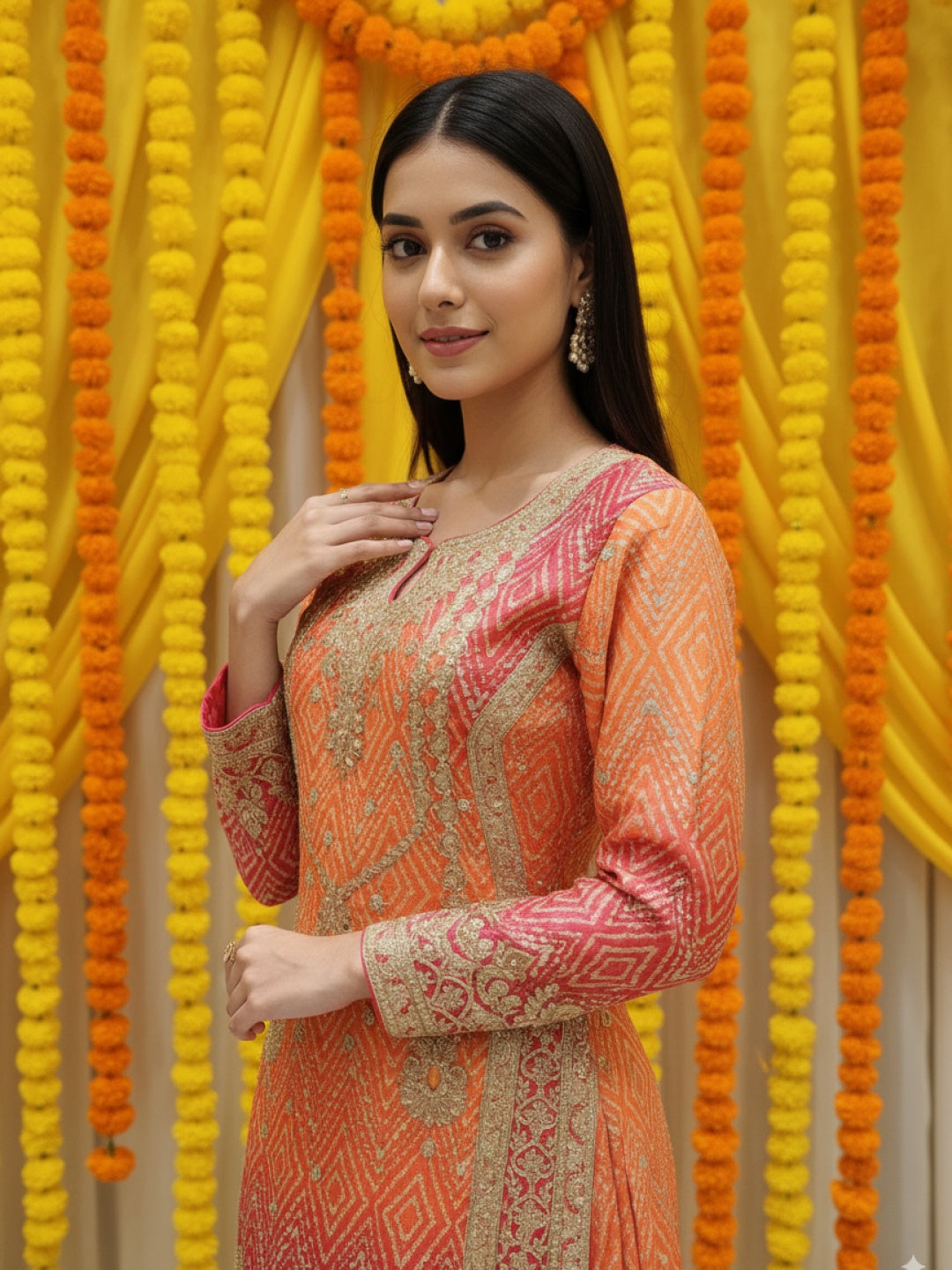 Ombre Bandhani Print Kurta Palazzo Set With Zari, Sequin Embroidery and Diamond Patterns