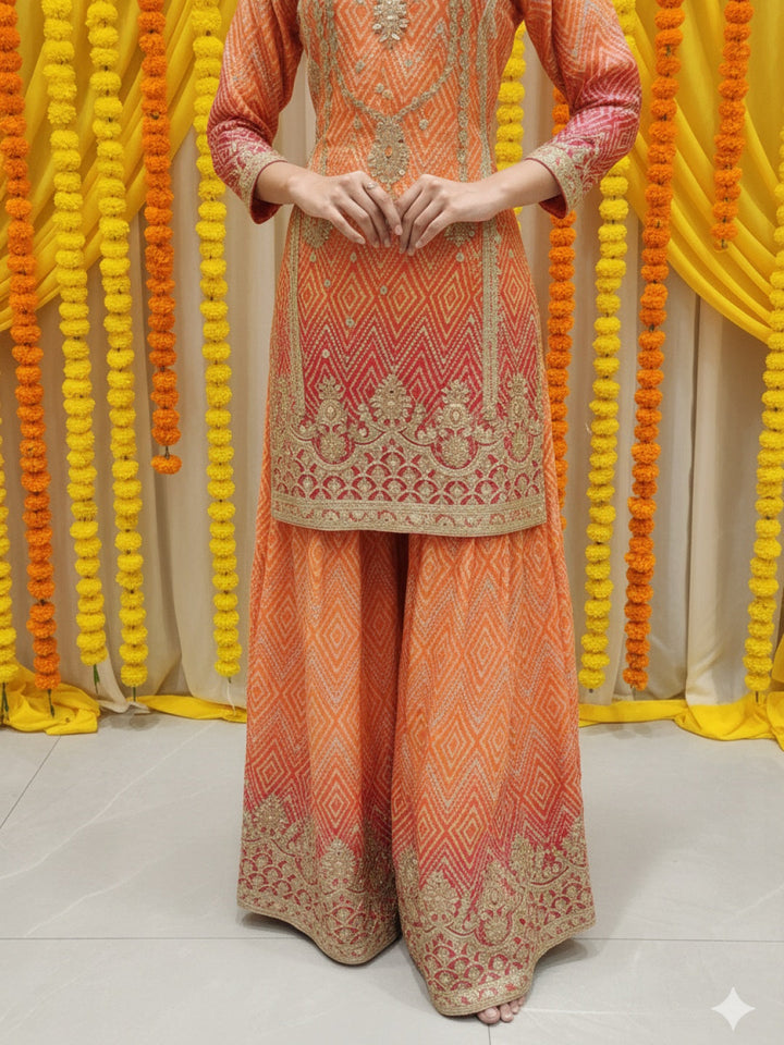 Ombre Bandhani Print Kurta Palazzo Set With Zari, Sequin Embroidery and Diamond Patterns