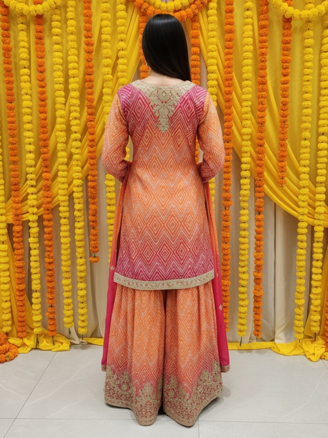 Ombre Bandhani Print Kurta Palazzo Set With Zari, Sequin Embroidery and Diamond Patterns