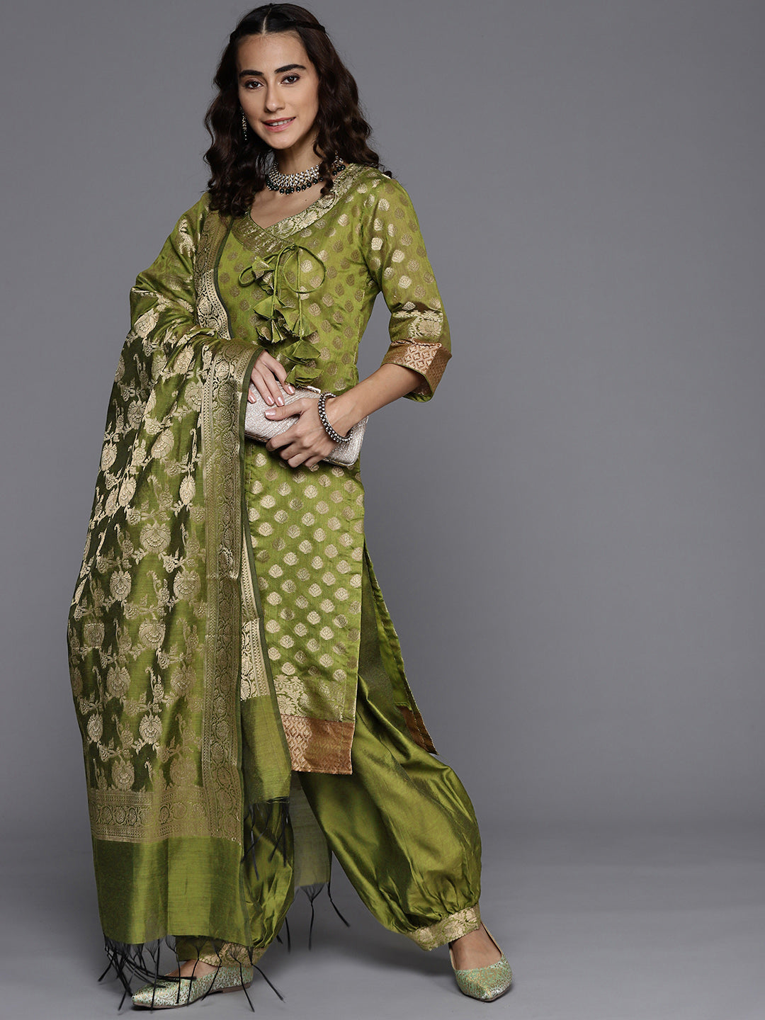 Green Banarasi Weaving Unstitched Suit Salwar Set & Handloom Dupatta