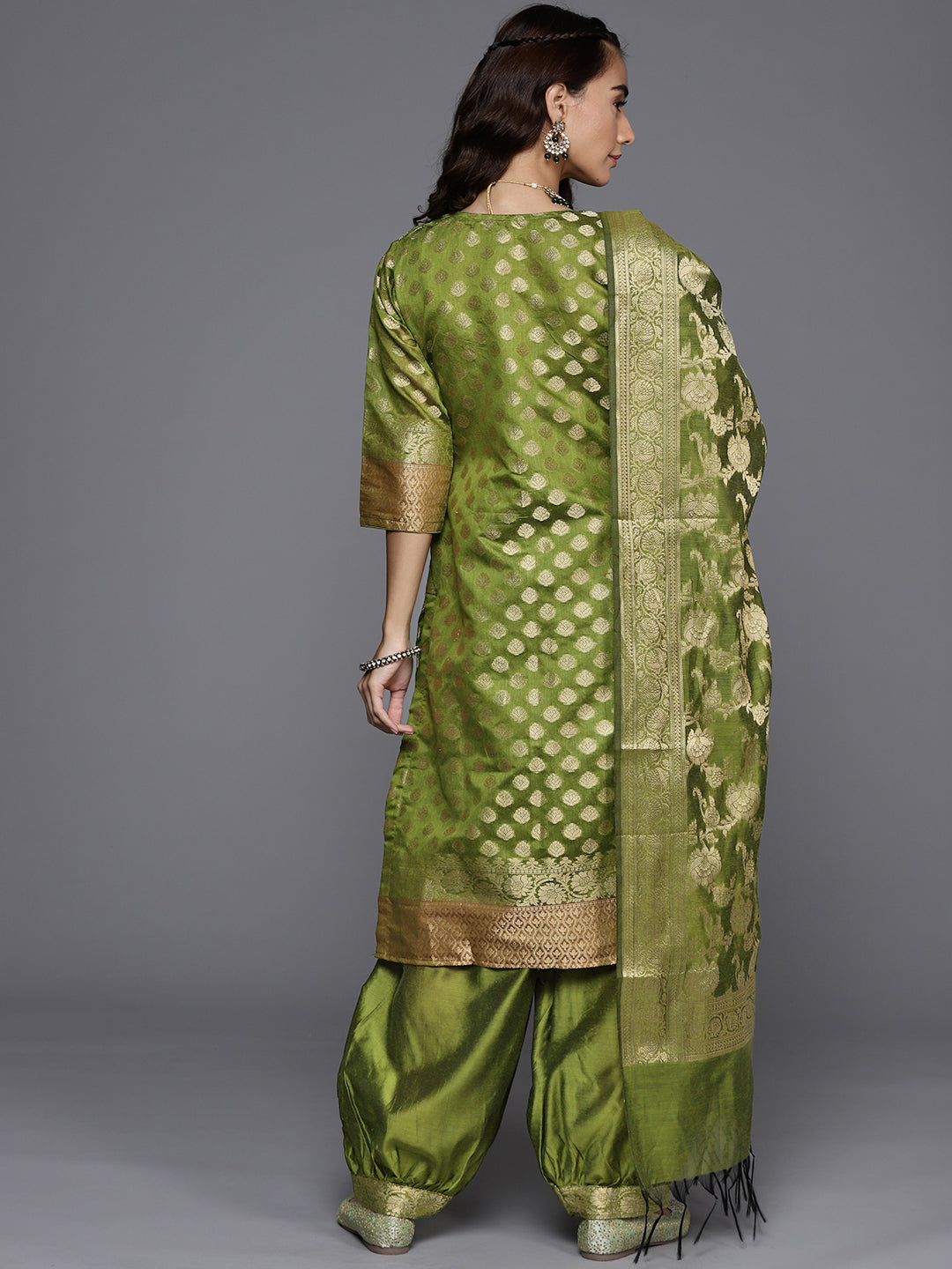 Green Banarasi Weaving Unstitched Suit Salwar Set & Handloom Dupatta