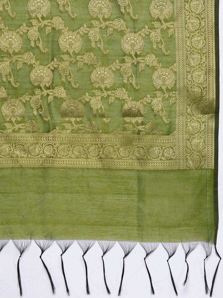Green Banarasi Weaving Unstitched Suit Salwar Set & Handloom Dupatta