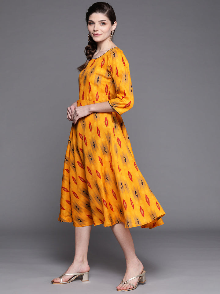 Made to Measure Mustard Cotton Flared Dress with multicolor Ikat Print
