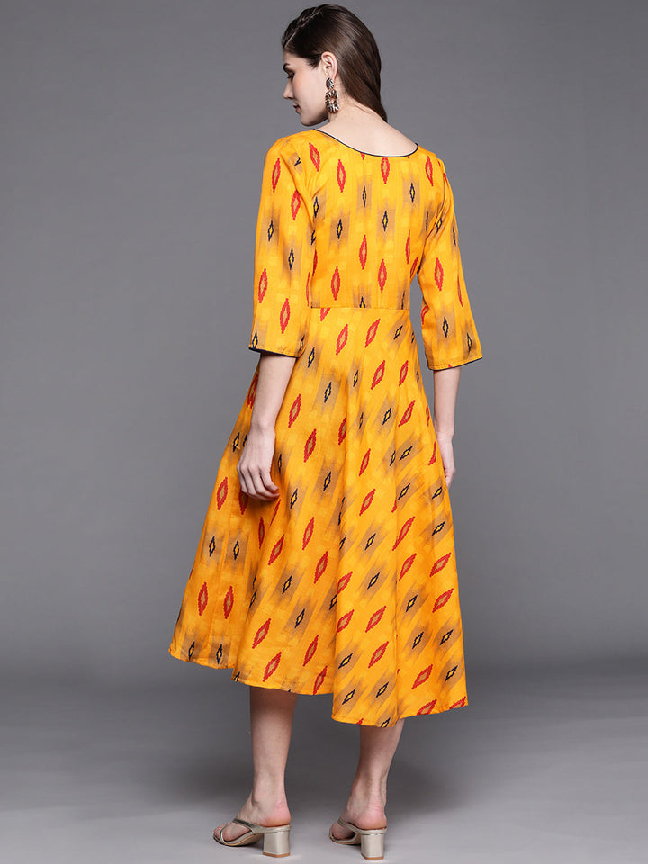 Made to Measure Mustard Cotton Flared Dress with multicolor Ikat Print