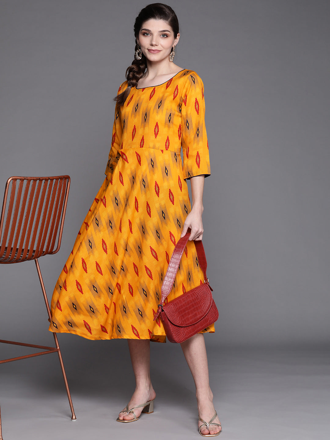 Made to Measure Mustard Cotton Flared Dress with multicolor Ikat Print