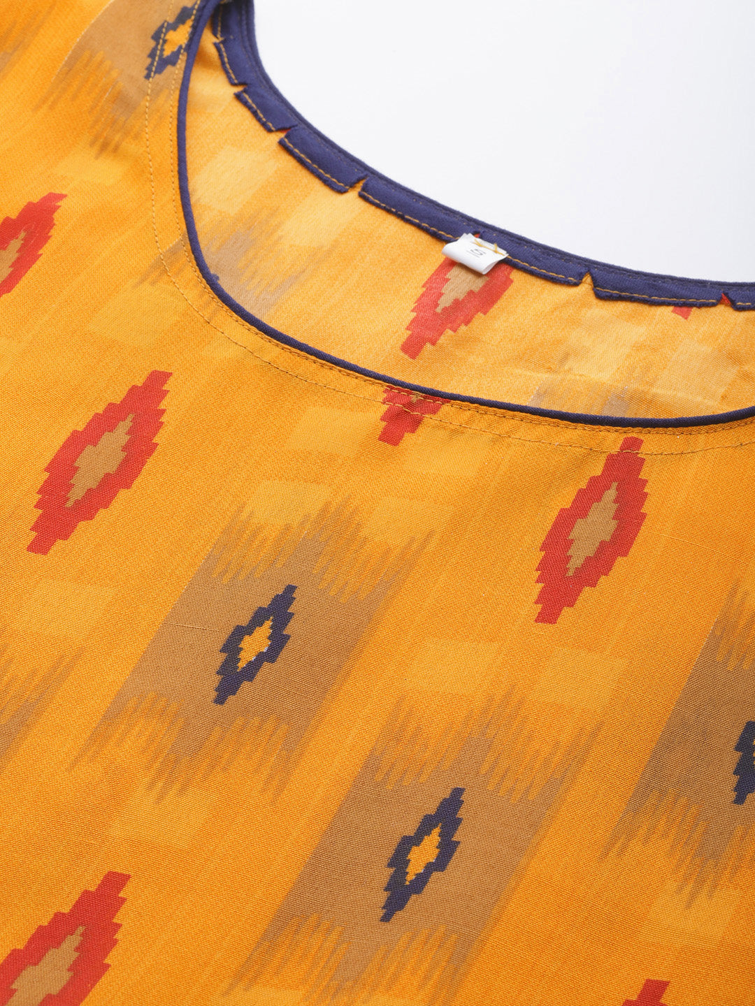 Made to Measure Mustard Cotton Flared Dress with multicolor Ikat Print