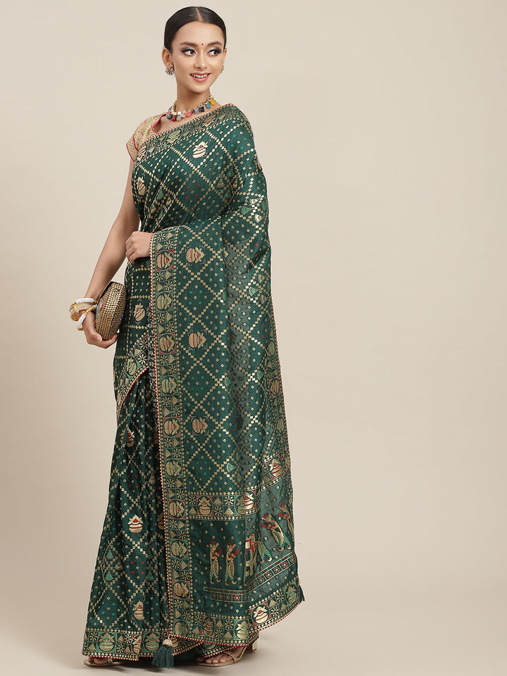 Gold Zari & Crystal Embellished Gharchola Chanderi Silk Festive Saree
