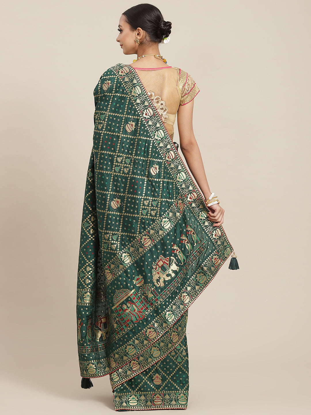 Gold Zari & Crystal Embellished Gharchola Chanderi Silk Festive Saree