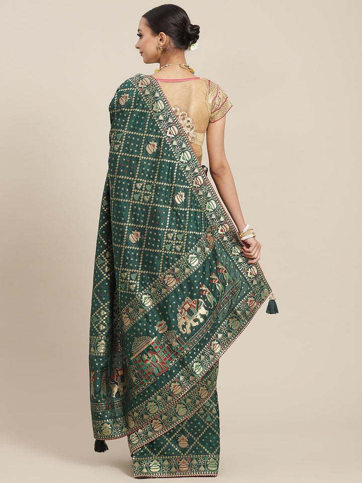 Gold Zari & Crystal Embellished Gharchola Chanderi Silk Festive Saree
