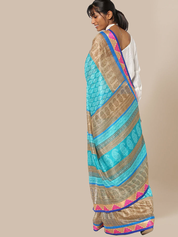 Turquoise Blue & Beige Coloured Cotton Silk  Saree