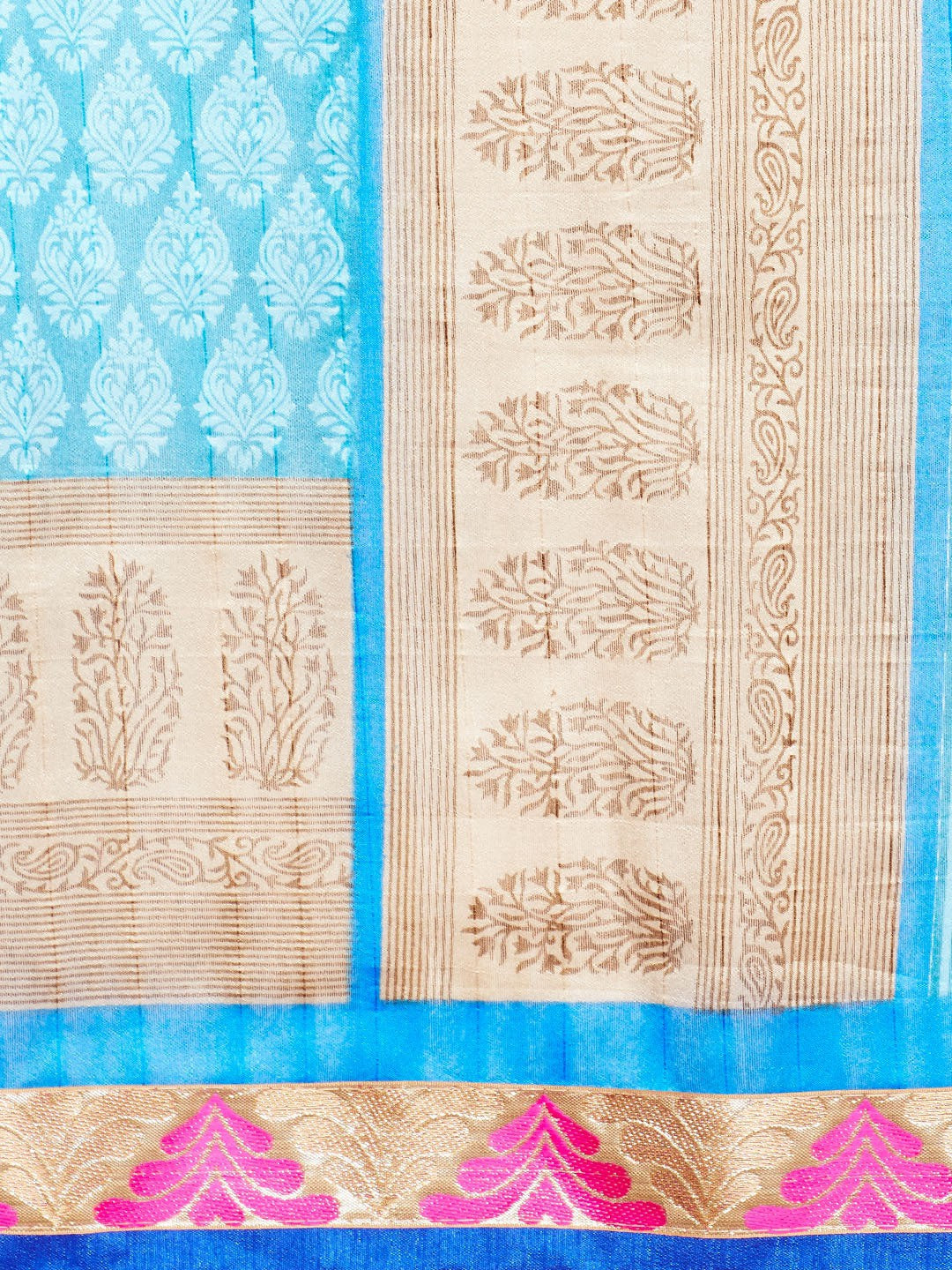 Turquoise Blue & Beige Coloured Cotton Silk  Saree