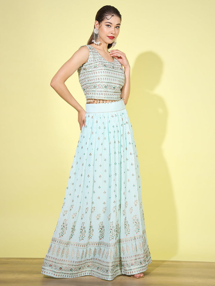 Turquoise Foil Print Embellished Georgette Lehenga Choli Dupatta Set