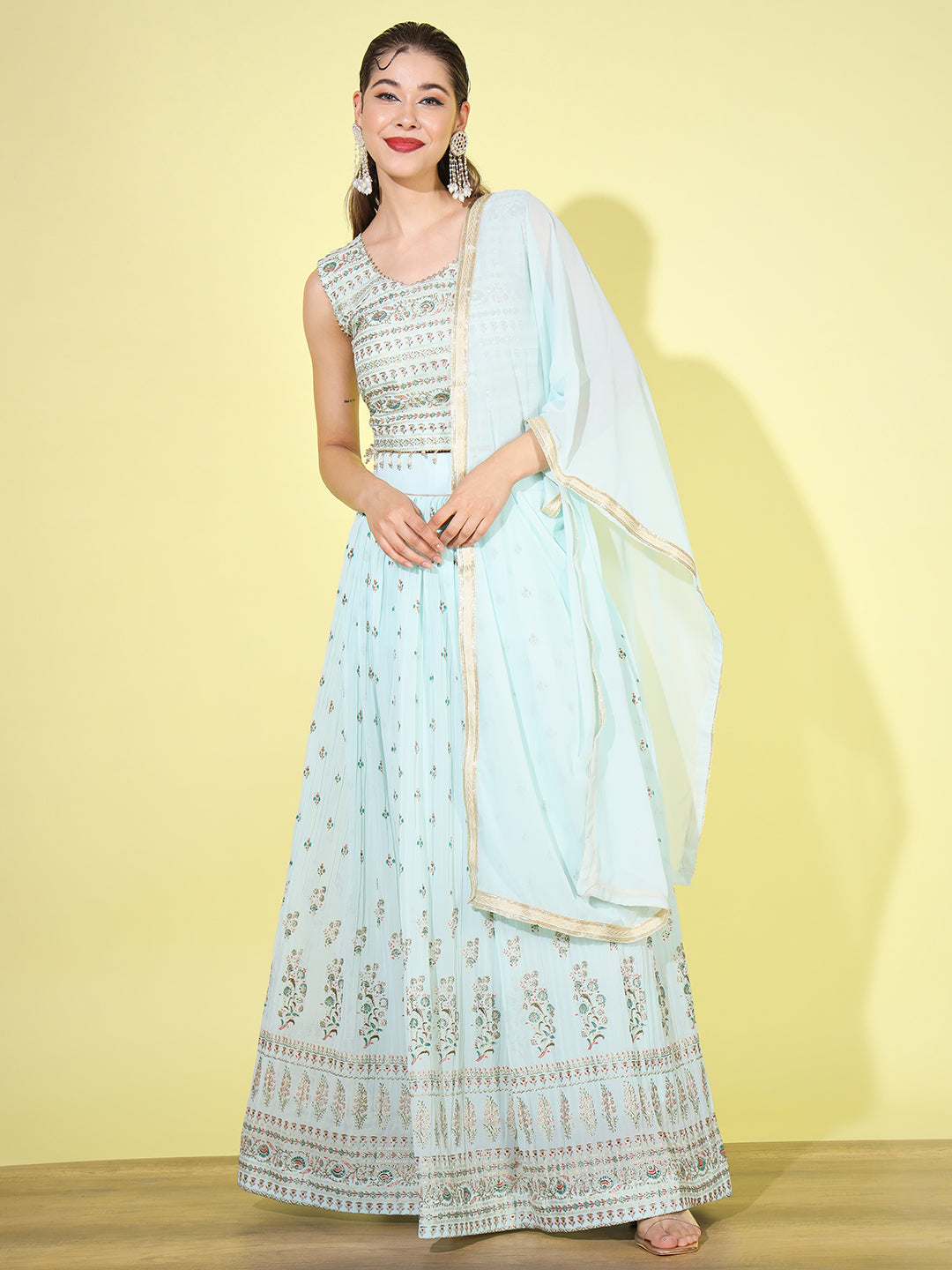 Turquoise Foil Print Embellished Georgette Lehenga Choli Dupatta Set
