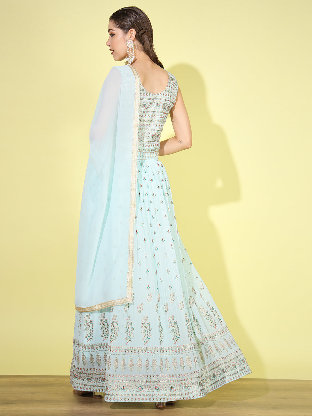 Turquoise Foil Print Embellished Georgette Lehenga Choli Dupatta Set