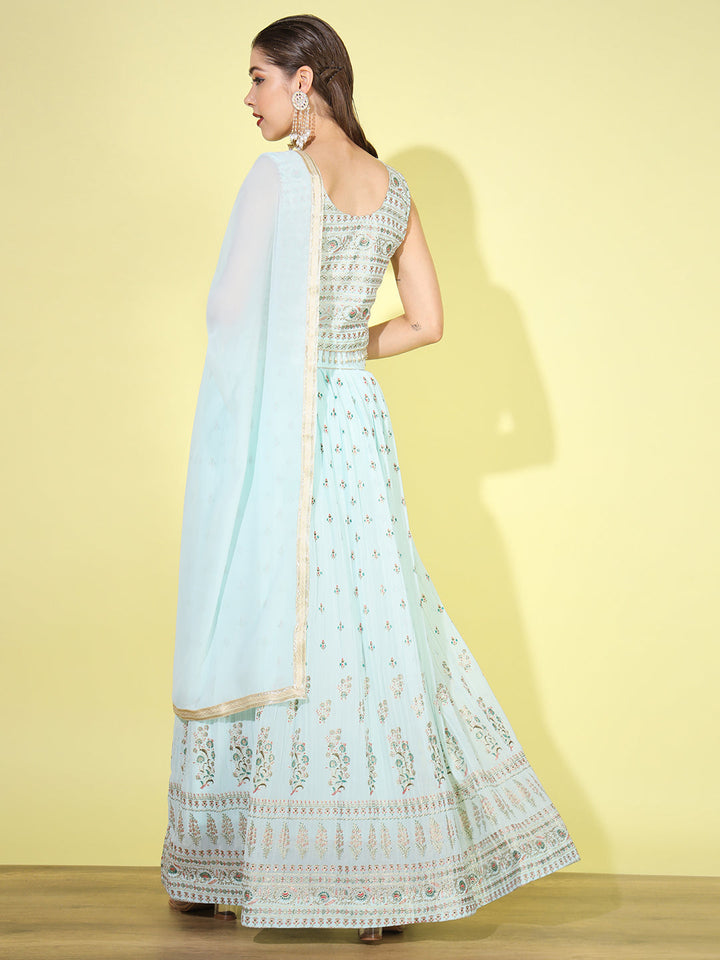 Turquoise Foil Print Embellished Georgette Lehenga Choli Dupatta Set