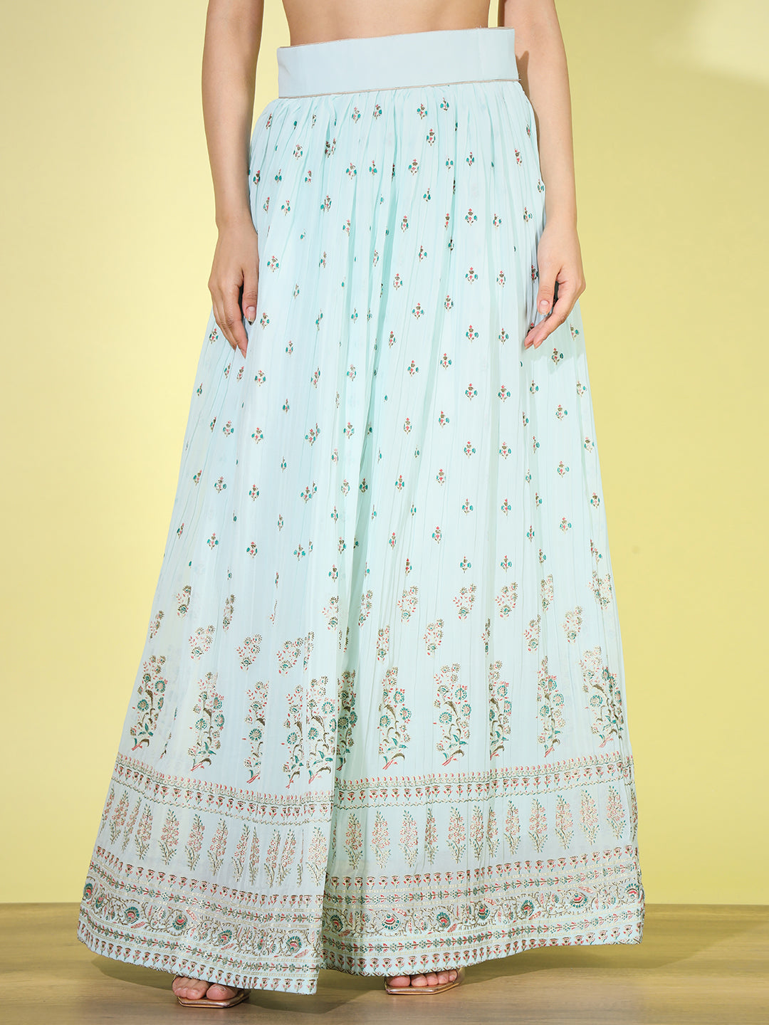 Turquoise Foil Print Embellished Georgette Lehenga Choli Dupatta Set
