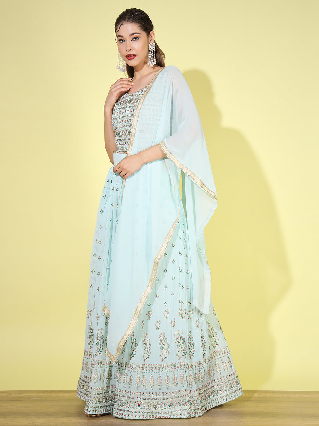 Turquoise Foil Print Embellished Georgette Lehenga Choli Dupatta Set
