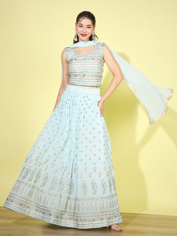 Turquoise Foil Print Embellished Georgette Lehenga Choli Dupatta Set
