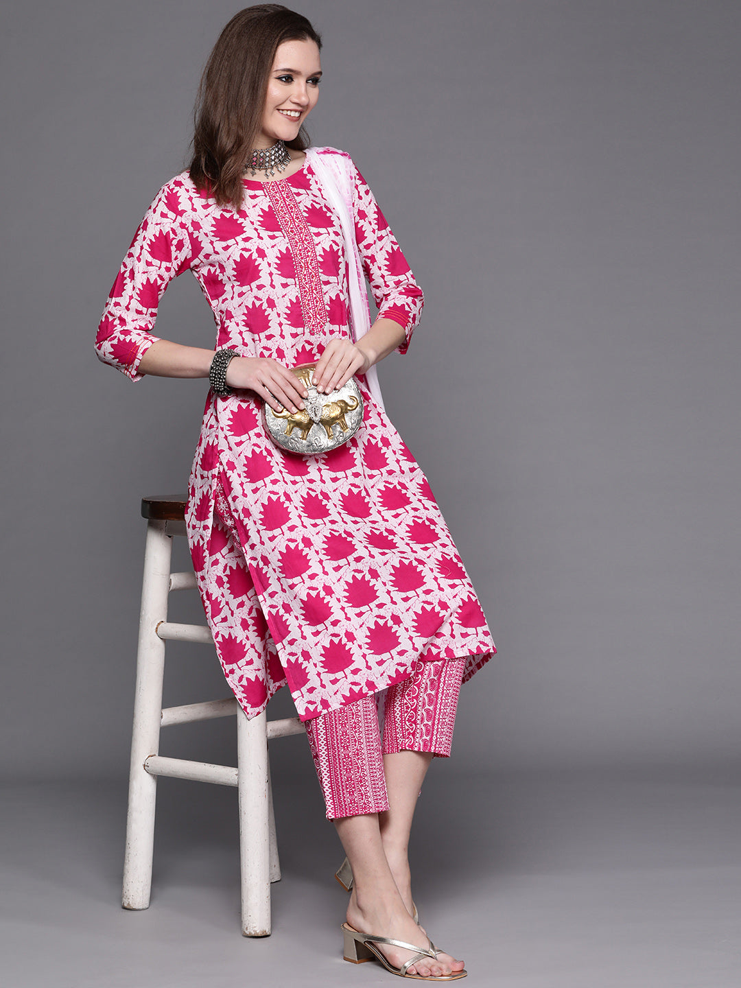 Cotton Batik Print Kurta Set with Bandhani Dupatta