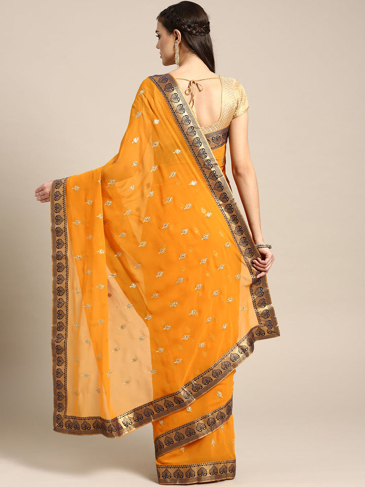 Georgette Embroidered Saree with Brocade Border and Crystal Work