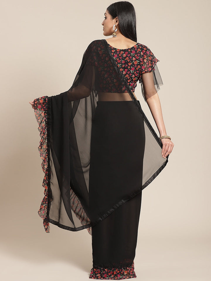 Fusion Black Georgette Ruffed Saree With Printed Floral Ruffles & Floral Printed Blouse