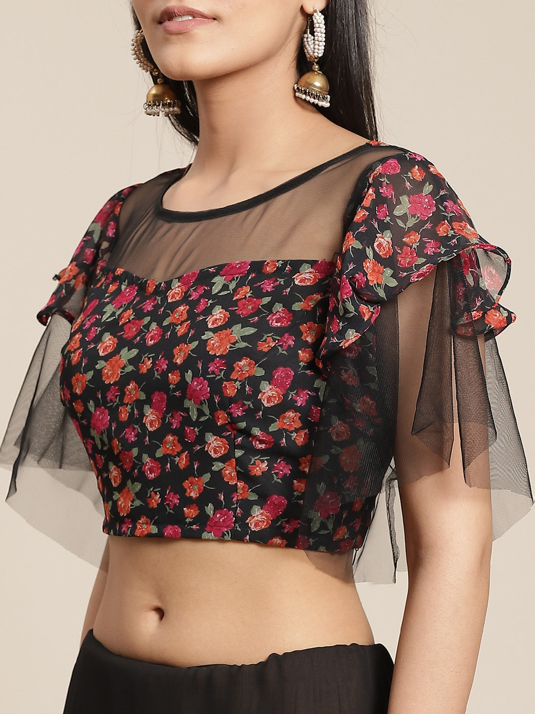 Fusion Black Georgette Ruffed Saree With Printed Floral Ruffles & Floral Printed Blouse