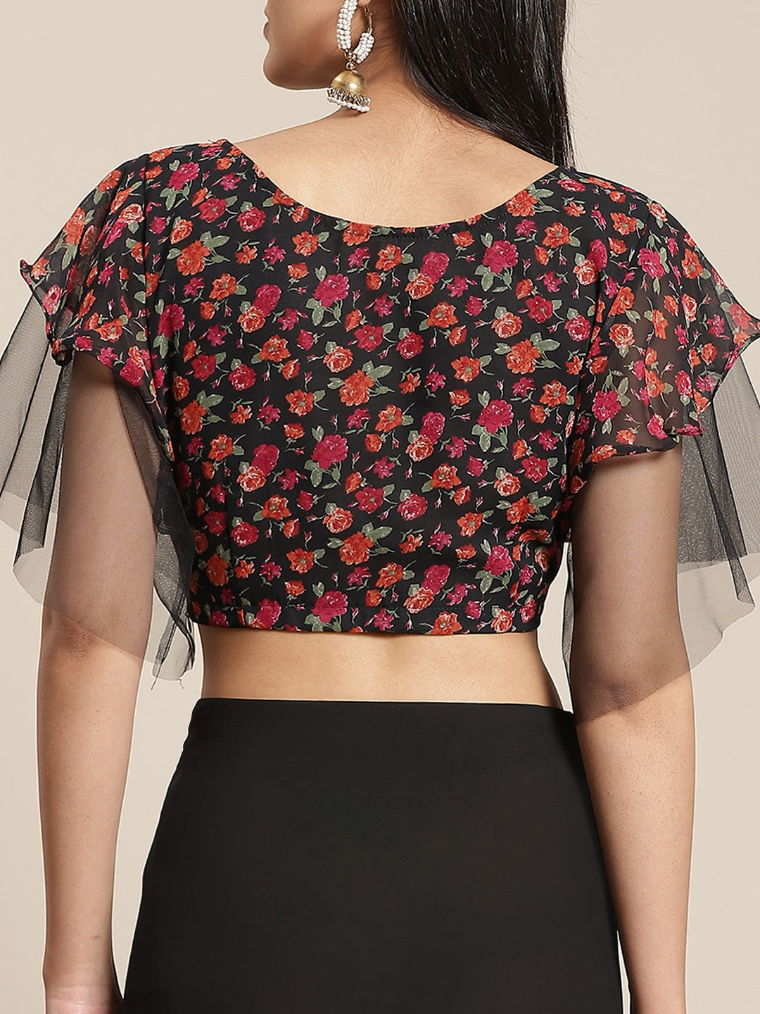 Fusion Black Georgette Ruffed Saree With Printed Floral Ruffles & Floral Printed Blouse