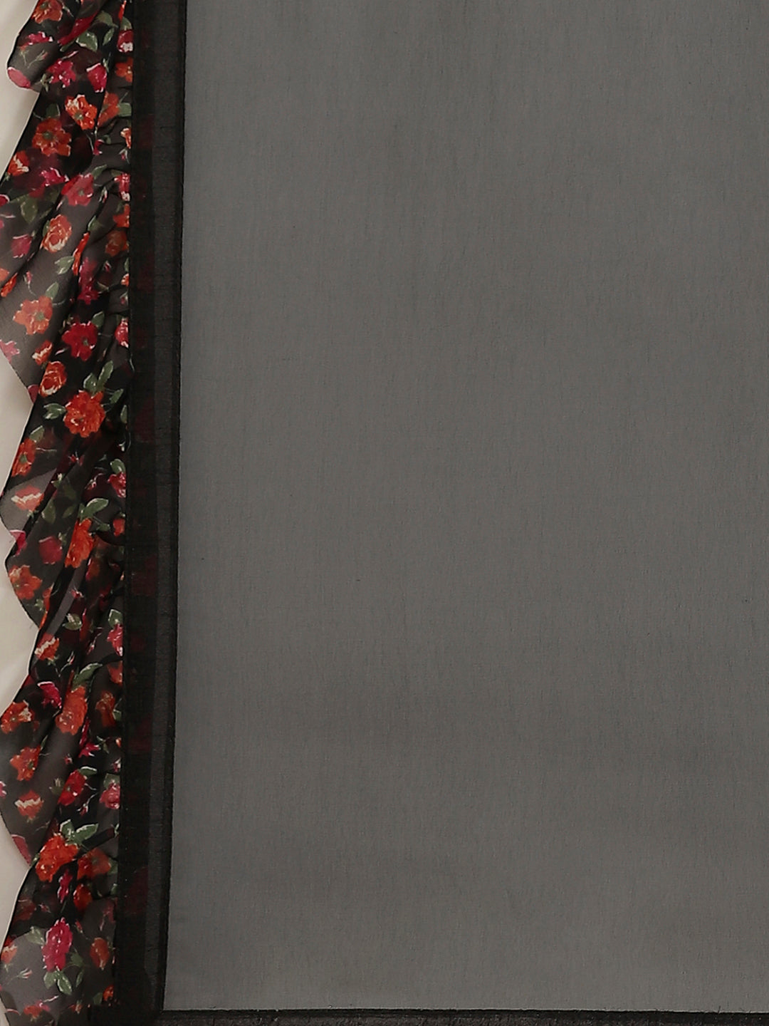 Fusion Black Georgette Ruffed Saree With Printed Floral Ruffles & Floral Printed Blouse