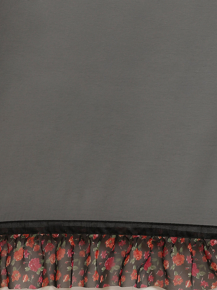 Fusion Black Georgette Ruffed Saree With Printed Floral Ruffles & Floral Printed Blouse