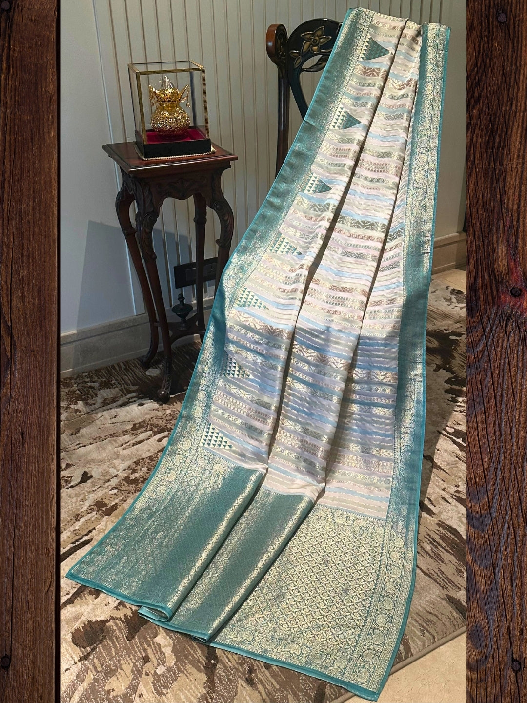 Green and Gold Striped Silk Saree