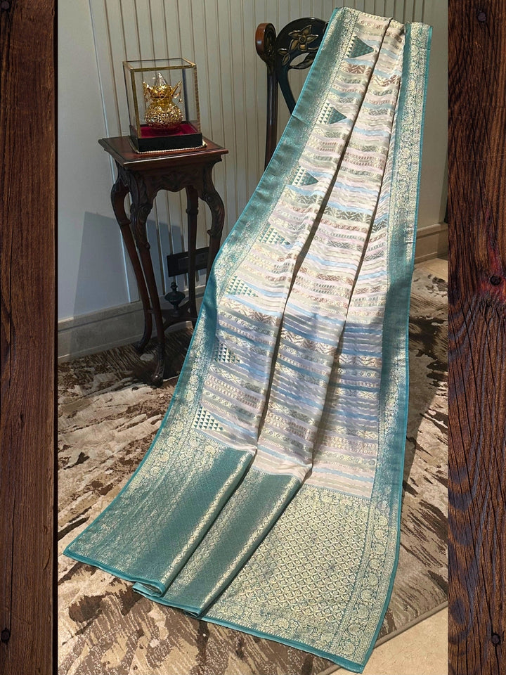 Green and Gold Striped Silk Saree