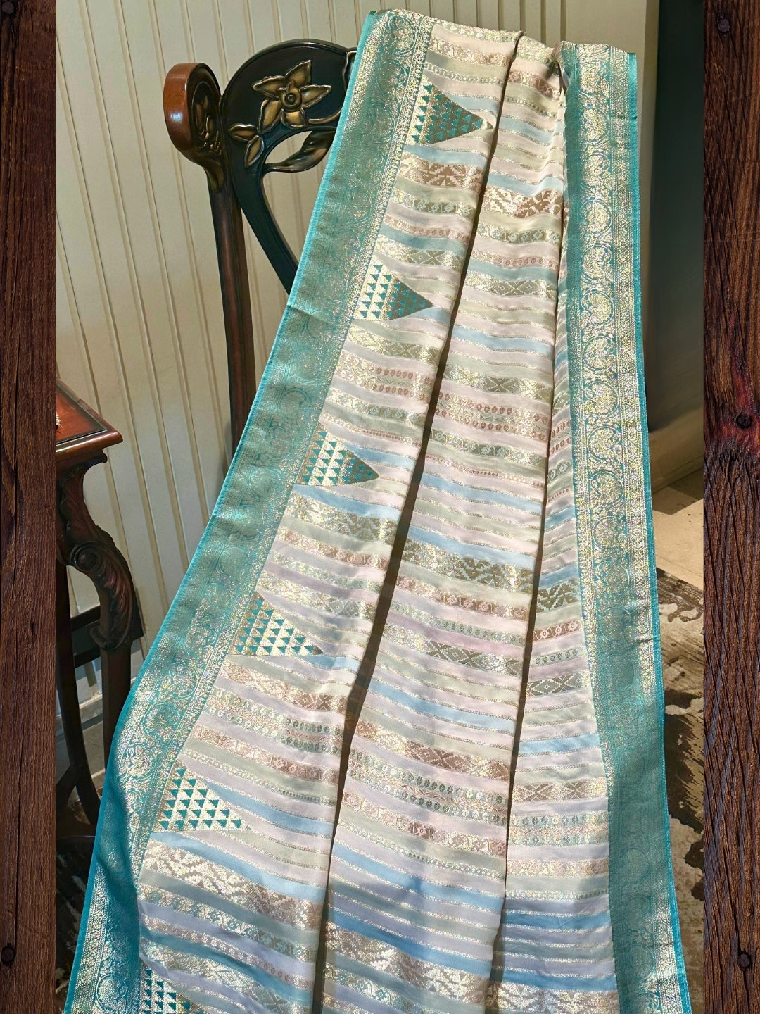 Green and Gold Striped Silk Saree