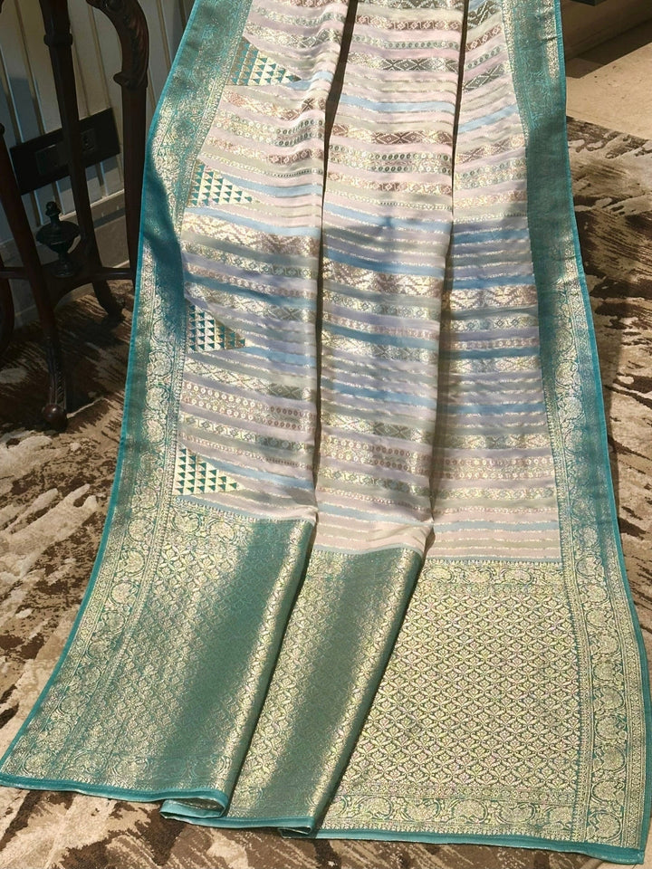 Green and Gold Striped Silk Saree
