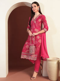 Chhabra 555 Abstract Bandhani Print Kurta Set wih Scalloped Embroidered Border & Gota Patti Laces