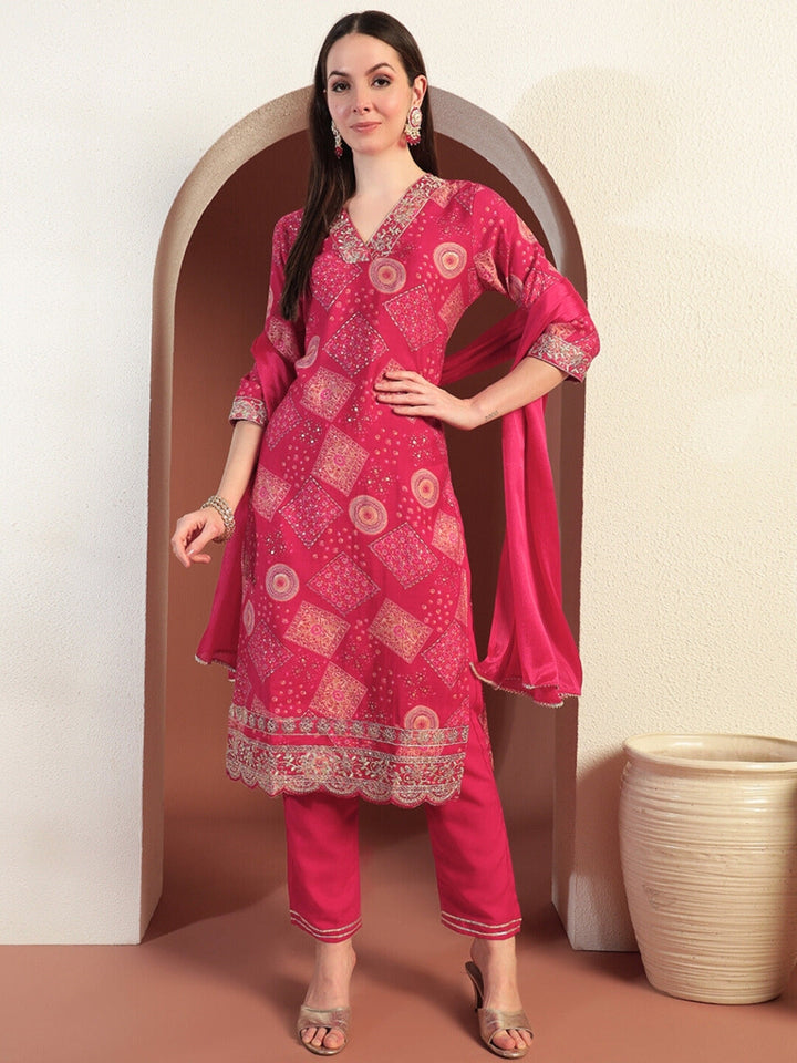 Abstract Bandhani Print Kurta Set wih Scalloped Embroidered Border & Gota Patti Laces