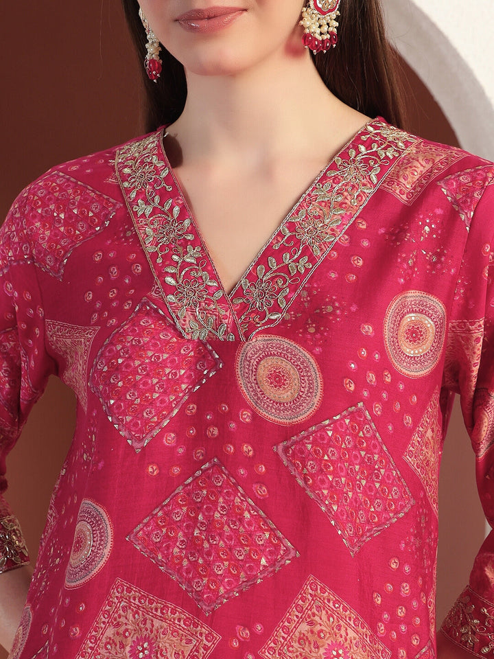 Abstract Bandhani Print Kurta Set wih Scalloped Embroidered Border & Gota Patti Laces