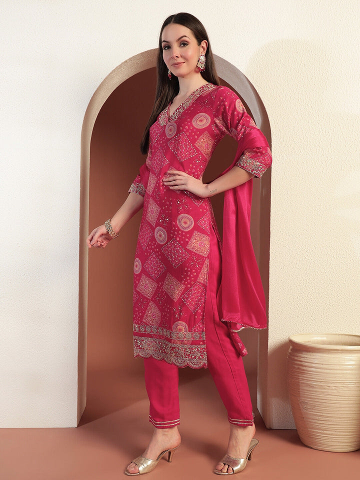 Abstract Bandhani Print Kurta Set wih Scalloped Embroidered Border & Gota Patti Laces