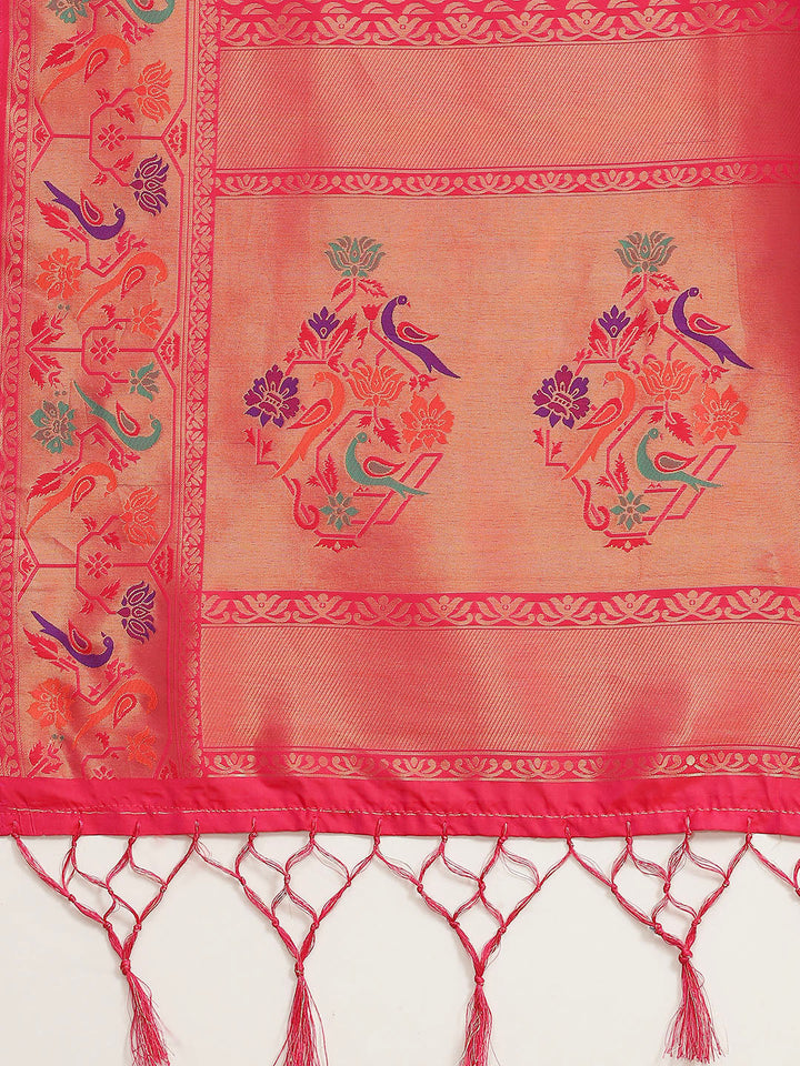 Magenta Paithani Silk Handloom Saree with Meenakari Peacock Motifs