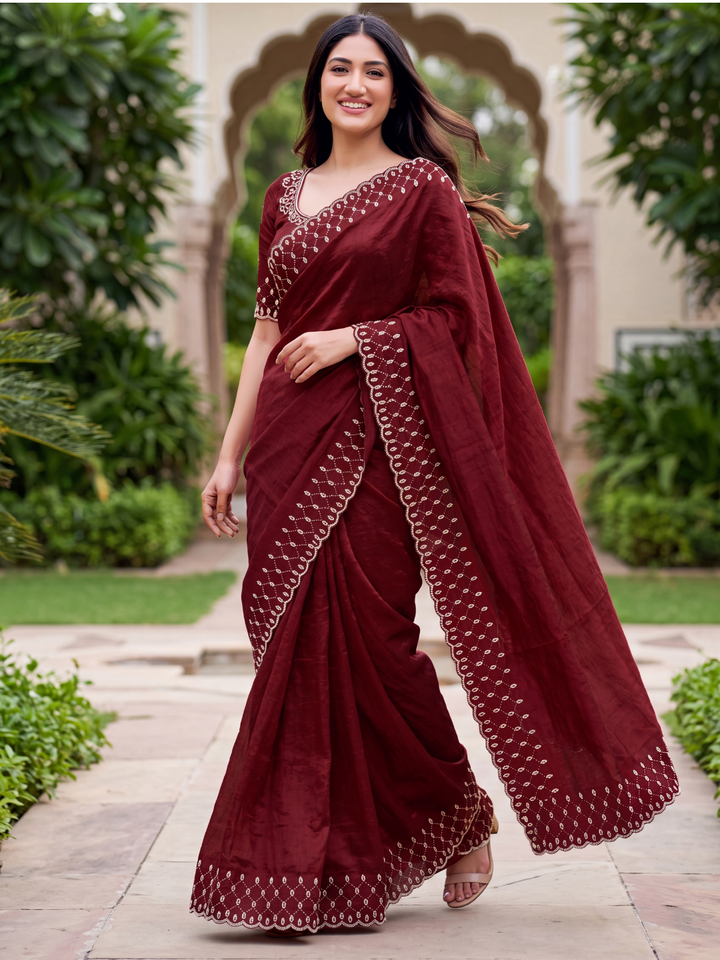 Maroon Sequin Embroidered Scalloped Border Saree with Embroidered Blouse peice