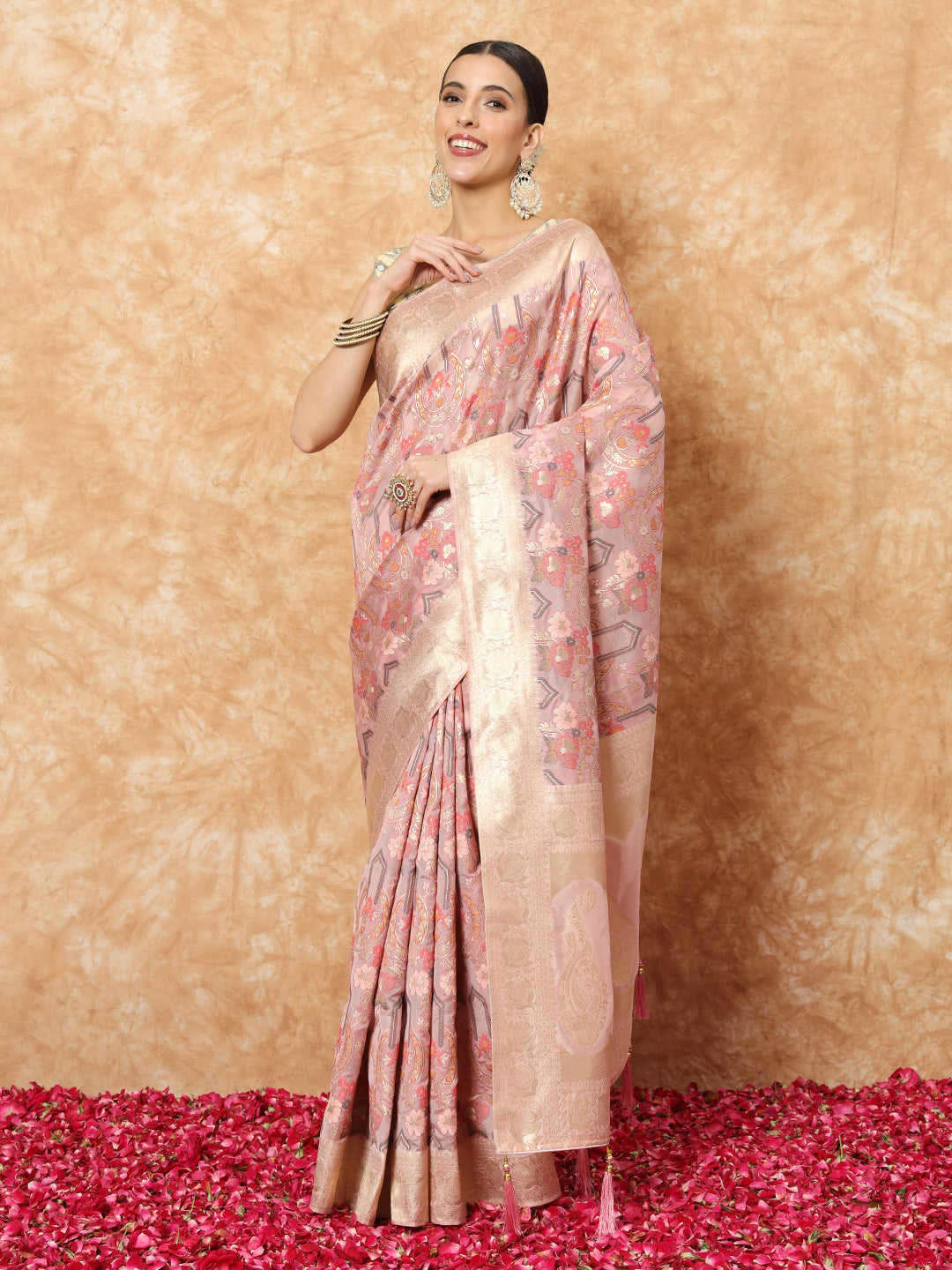 Chhabra 555 Nude Pink Banarasi Handloom Rangkat Saree with Multicolor Resham Floral weaves 