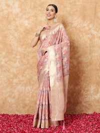 Chhabra 555 Nude Pink Banarasi Handloom Rangkat Saree with Multicolor Resham Floral weaves 
