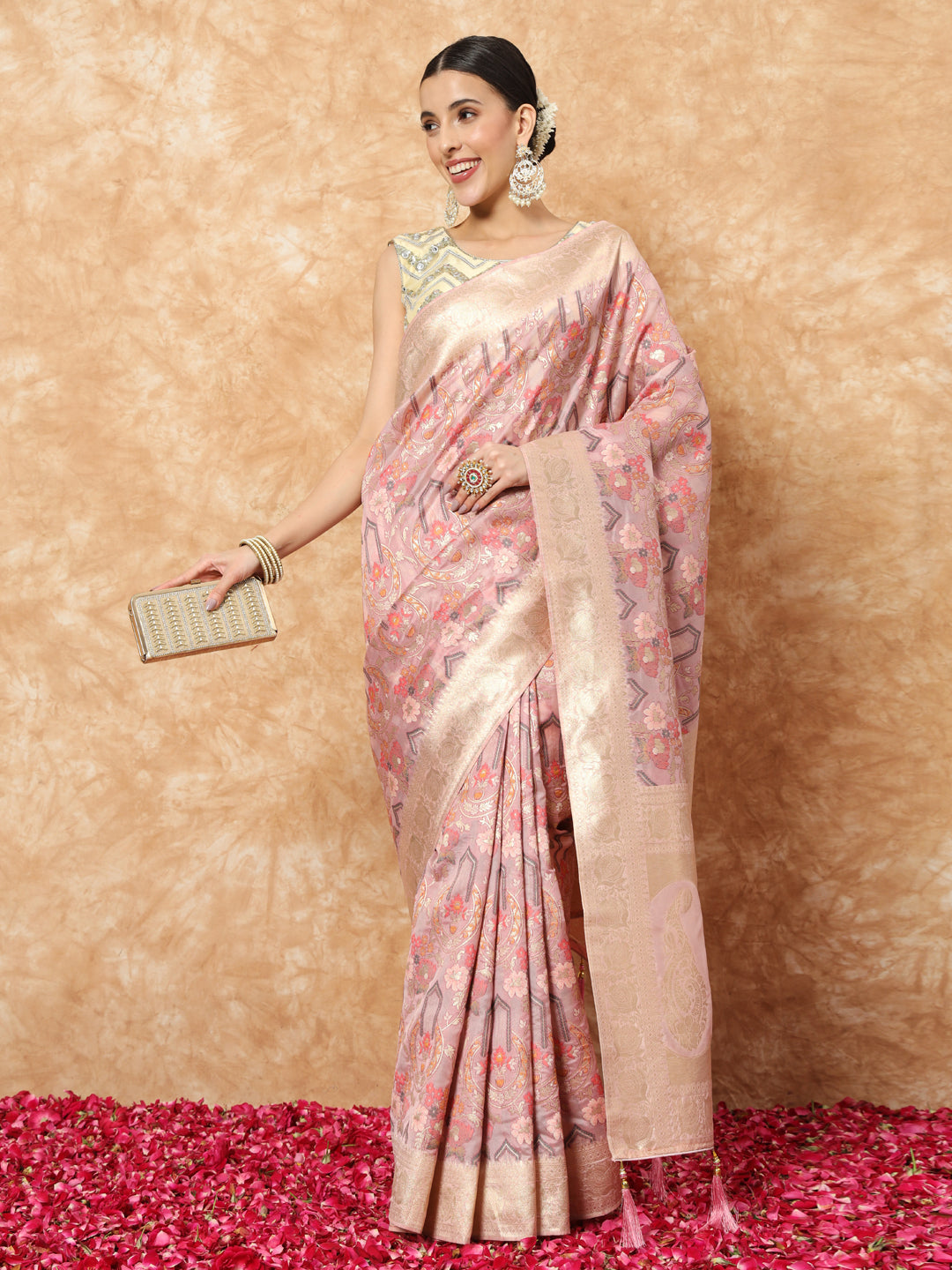 Nude Pink Banarasi Handloom Rangkat Saree with Resham Floral weaves