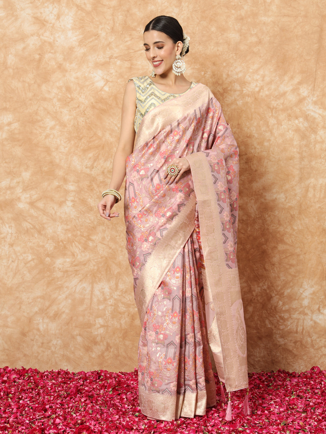 Nude Pink Banarasi Handloom Rangkat Saree with Resham Floral weaves