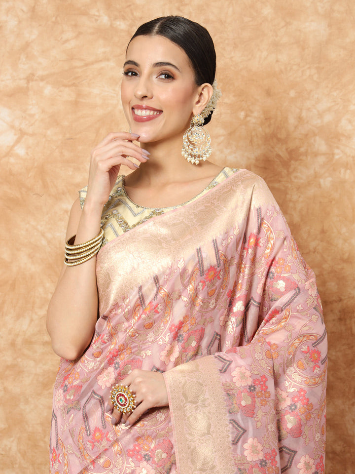 Nude Pink Banarasi Handloom Rangkat Saree with Resham Floral weaves