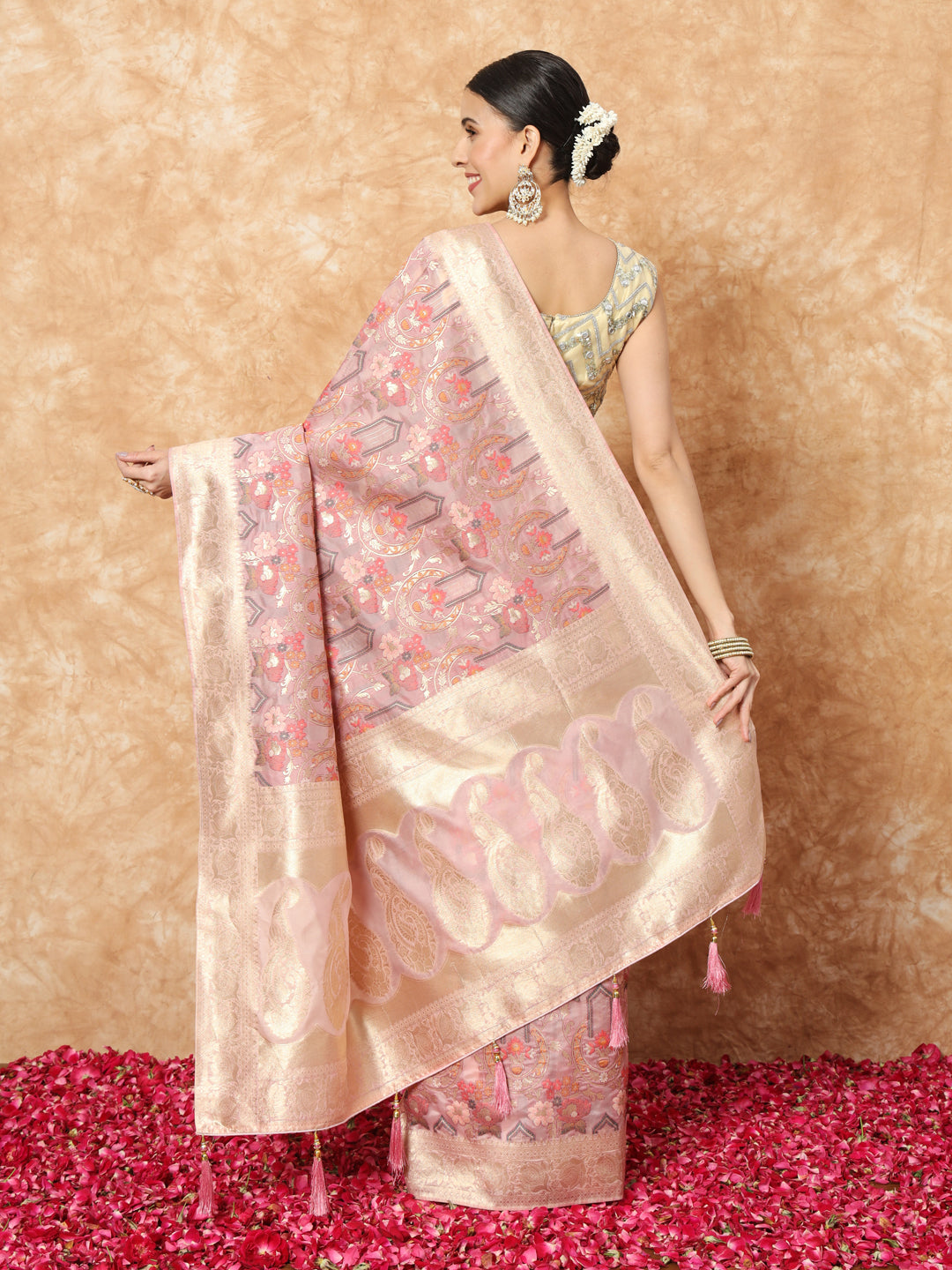 Nude Pink Banarasi Handloom Rangkat Saree with Resham Floral weaves