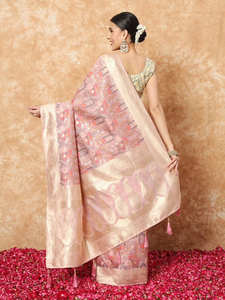 Nude Pink Banarasi Handloom Rangkat Saree with Resham Floral weaves