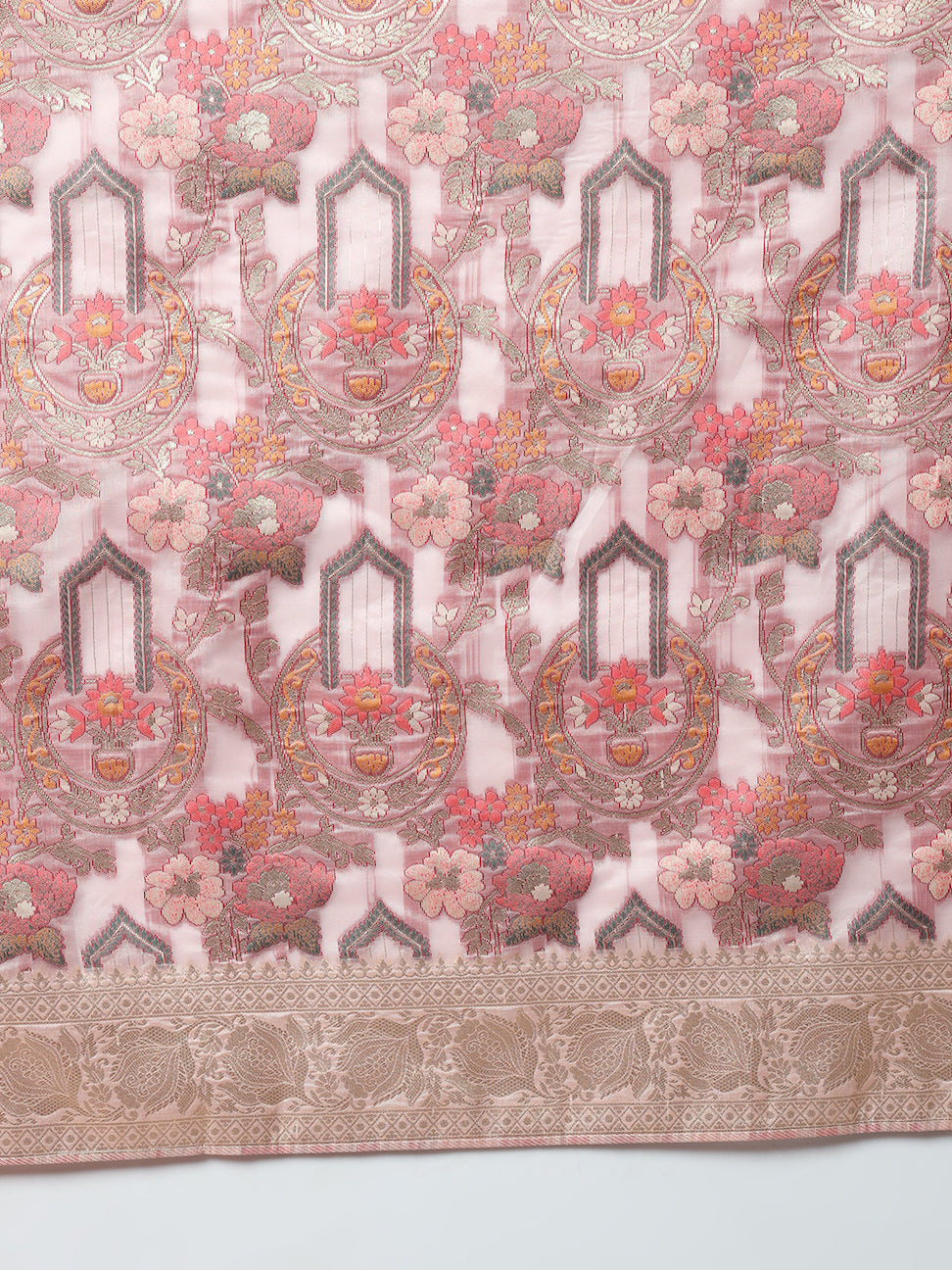 Nude Pink Banarasi Handloom Rangkat Saree with Resham Floral weaves