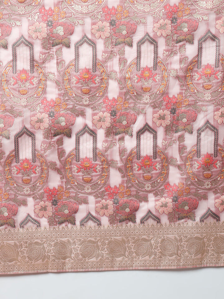 Nude Pink Banarasi Handloom Rangkat Saree with Resham Floral weaves