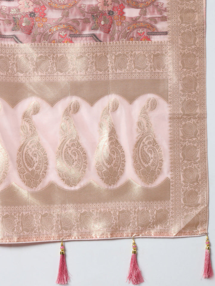 Nude Pink Banarasi Handloom Rangkat Saree with Resham Floral weaves
